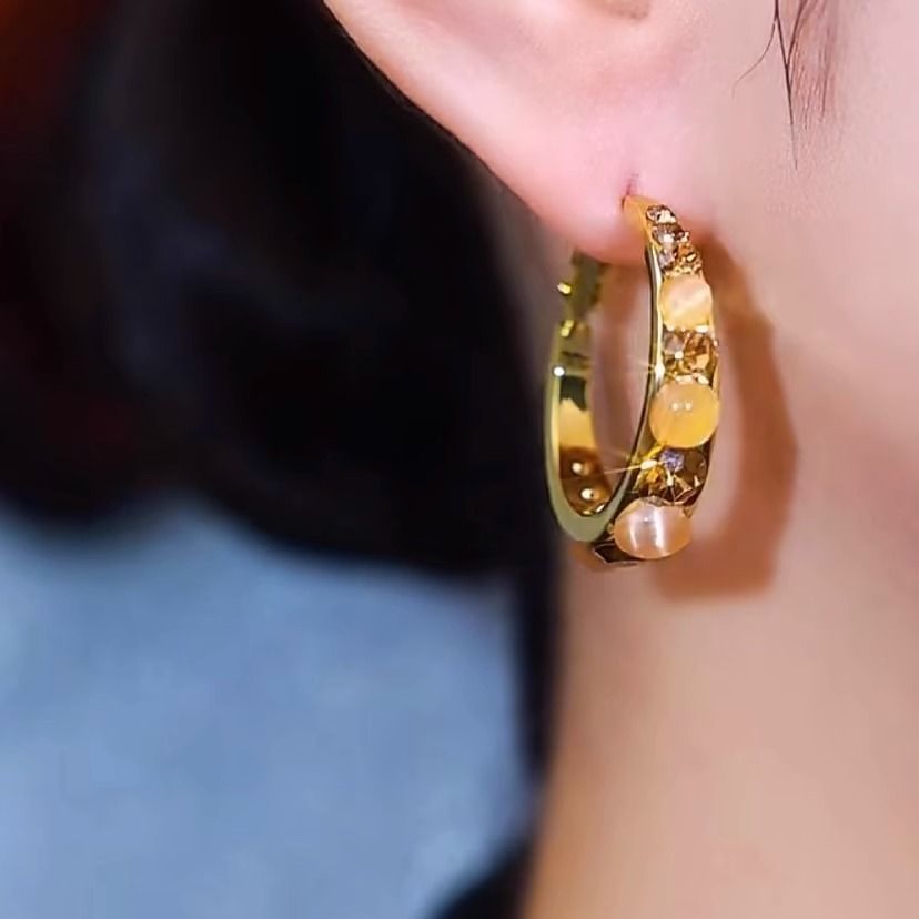 Faux Rhinestone Alloy Gemstone Hoop Earring