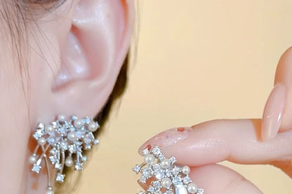 Stud Earring Faux Pearl Firework Rhinestone Alloy