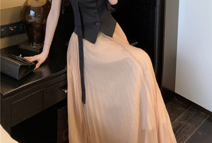 Lace Trim Vest with Skinny Scarf and Maxi Flared Skirt Set