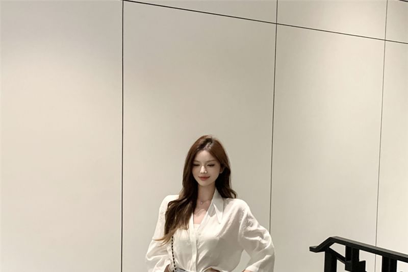 V Neck Shirt with High Rise Midi Skirt and Striped Sash Set