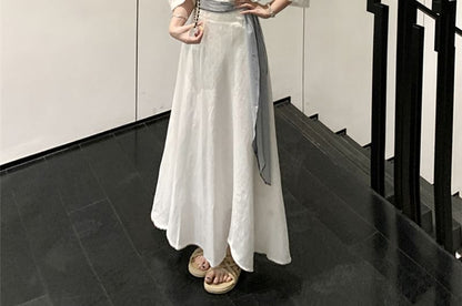 V Neck Shirt with High Rise Midi Skirt and Striped Sash Set