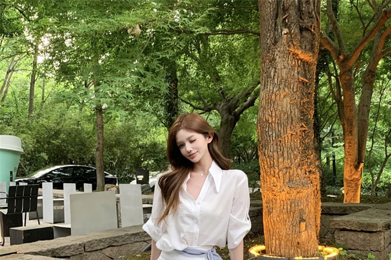 V Neck Shirt with High Rise Midi Skirt and Striped Sash Set