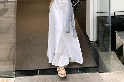 V Neck Shirt with High Rise Midi Skirt and Striped Sash Set