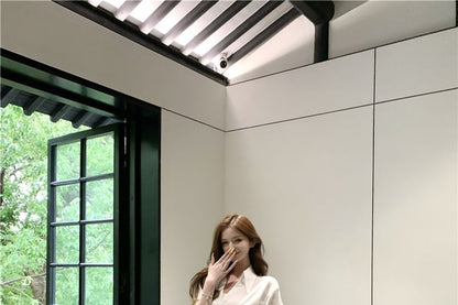 V Neck Shirt with High Rise Midi Skirt and Striped Sash Set
