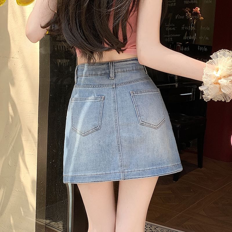 Denim Mini Flared Skirt with High Waist