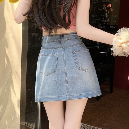 Denim Mini Flared Skirt with High Waist