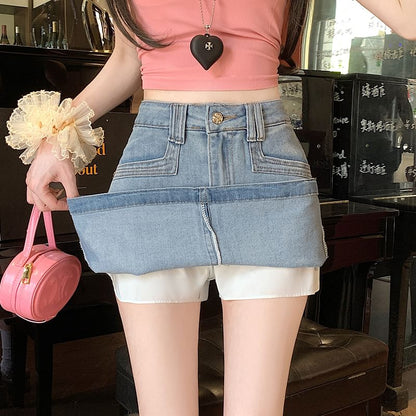 Denim Mini Flared Skirt with High Waist