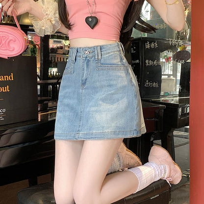 Denim Mini Flared Skirt with High Waist