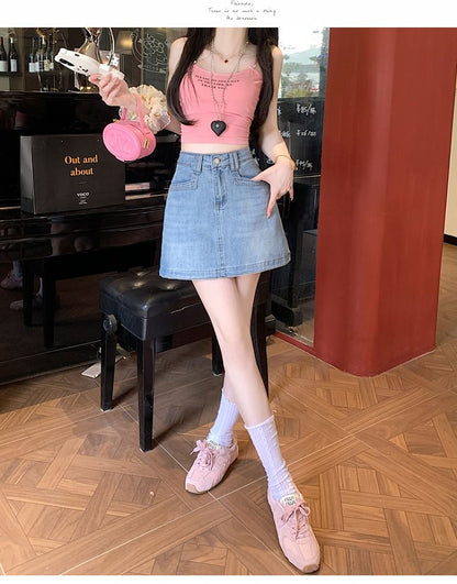 Denim Mini Flared Skirt with High Waist