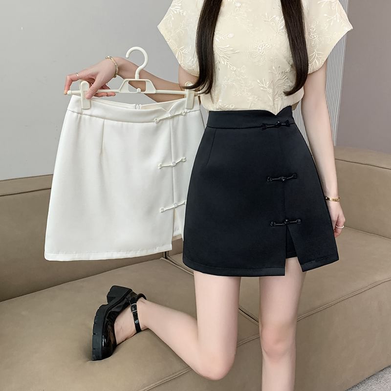 Frog-Button High-Rise Mini Skirt
