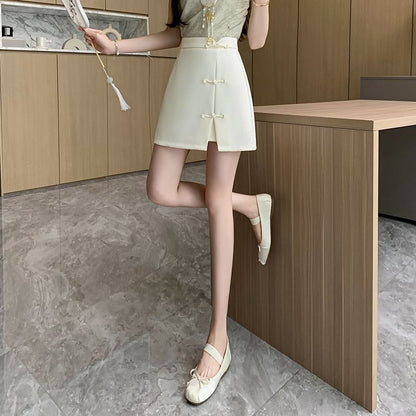 Frog-Button High-Rise Mini Skirt