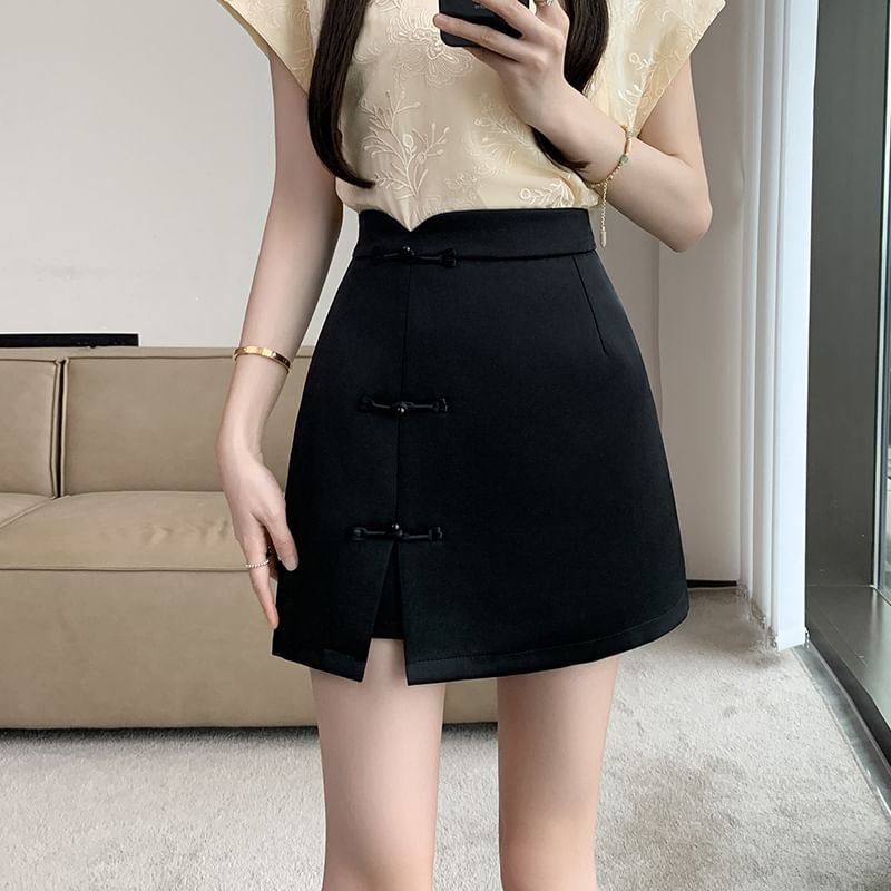 Frog-Button High-Rise Mini Skirt