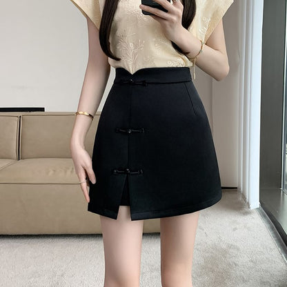 Frog-Button High-Rise Mini Skirt