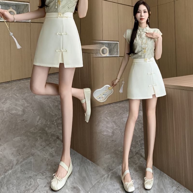 Frog-Button High-Rise Mini Skirt