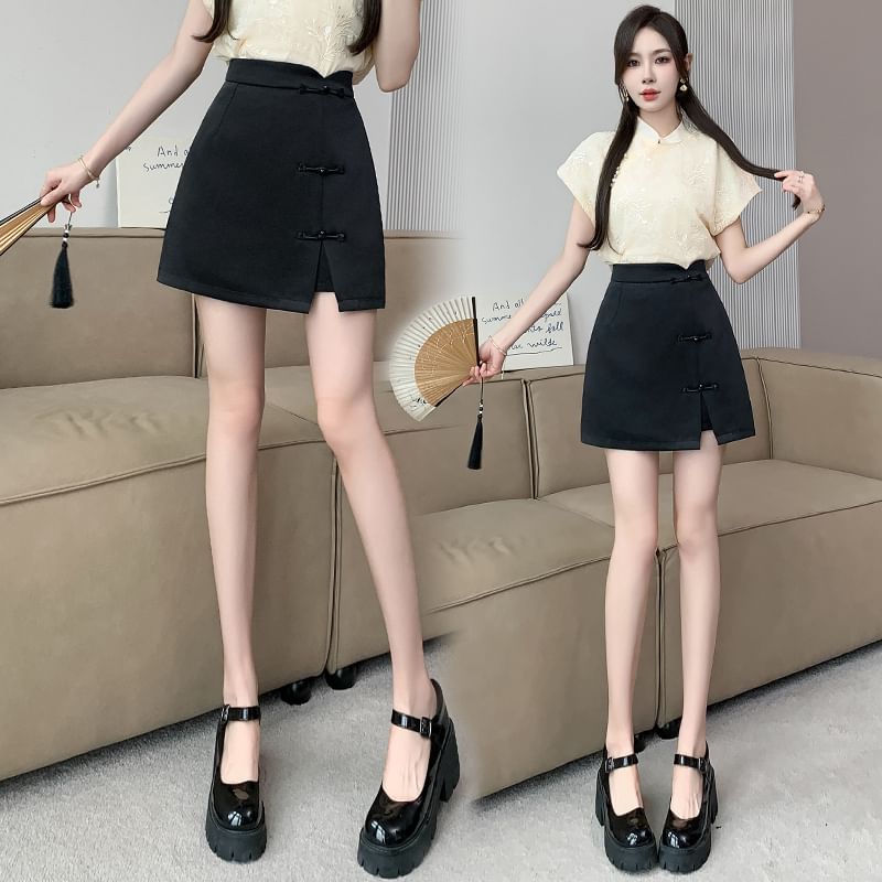 Frog-Button High-Rise Mini Skirt