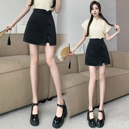 Frog-Button High-Rise Mini Skirt