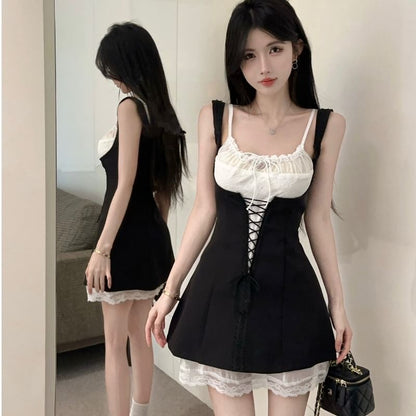 Sleeveless Square Neck Lace Up Mini A-Line Dress / Spaghetti Strap Scoop Neck Plain Lace Trim Mini A-Line Dress