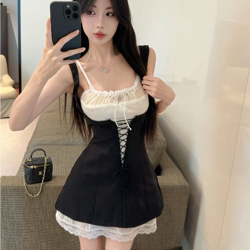Sleeveless Square Neck Lace Up Mini A-Line Dress / Spaghetti Strap Scoop Neck Plain Lace Trim Mini A-Line Dress