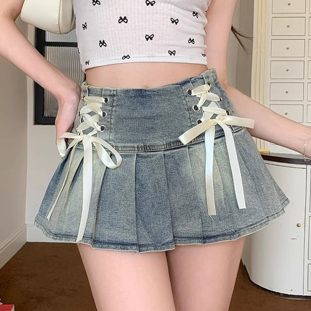 Lace-Up Pleated Denim Mini Skirt