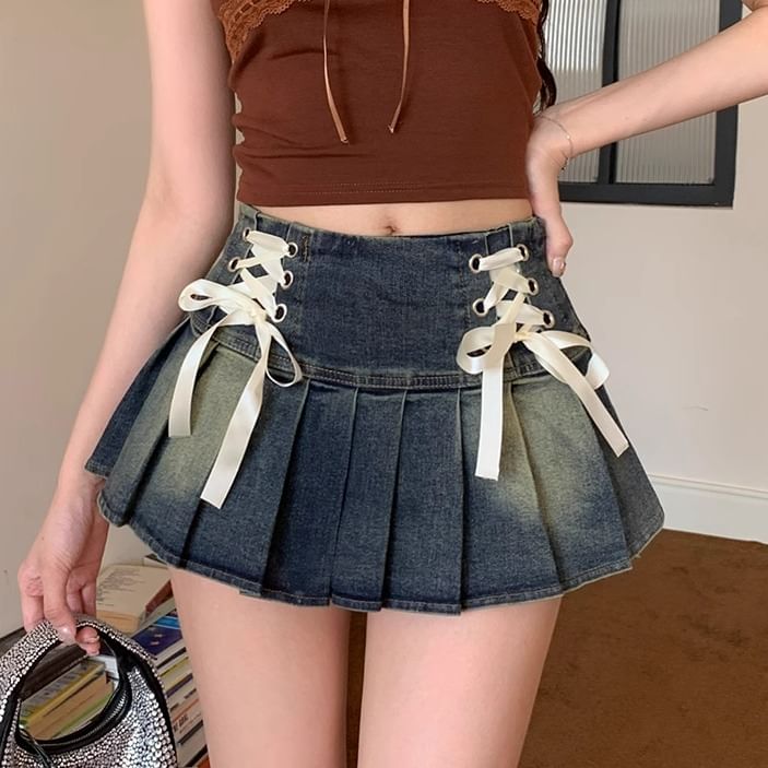 Lace-Up Pleated Denim Mini Skirt