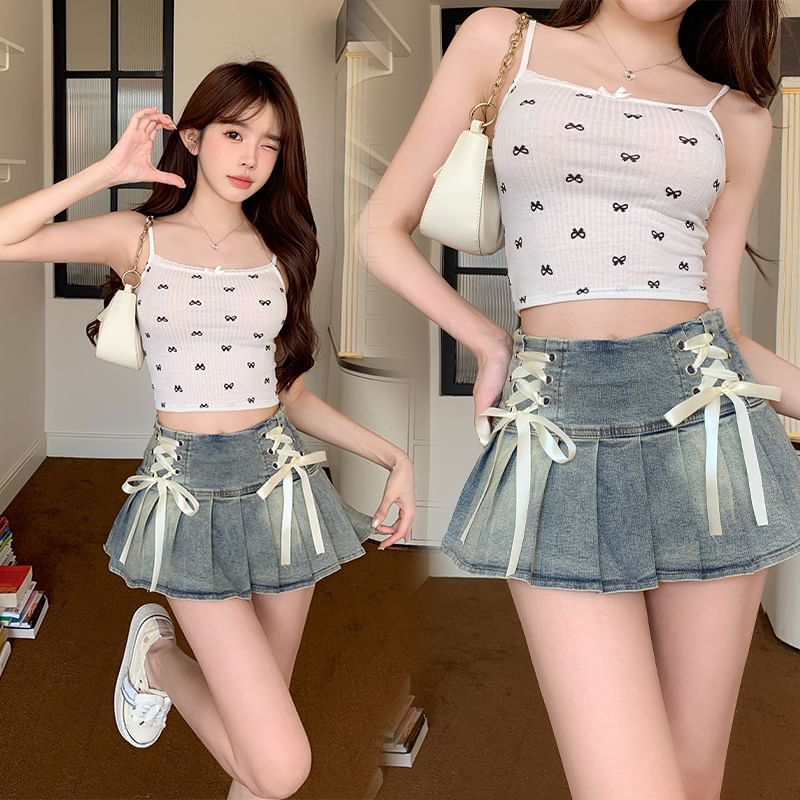 Lace-Up Pleated Denim Mini Skirt