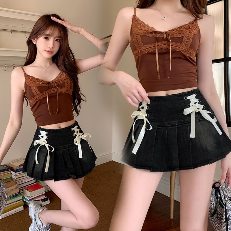 Lace-Up Pleated Denim Mini Skirt