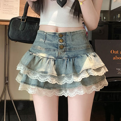 Lace Trimmed Tiered Denim Mini Skirt