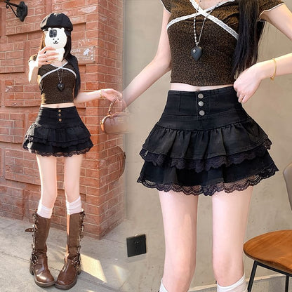 Lace Trimmed Tiered Denim Mini Skirt