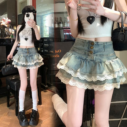 Lace Trimmed Tiered Denim Mini Skirt