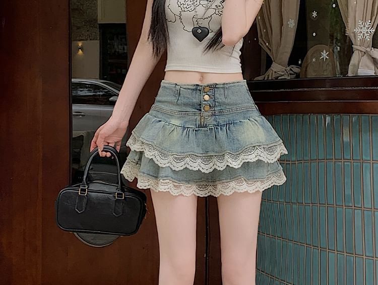 Lace Trimmed Tiered Denim Mini Skirt