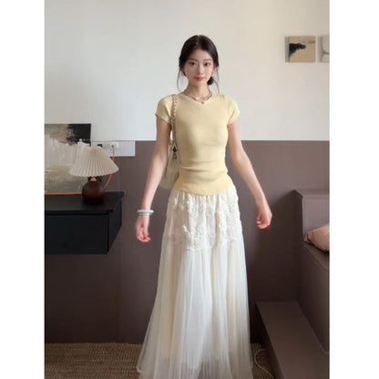 Mesh Maxi Flared Skirt with High Waist
