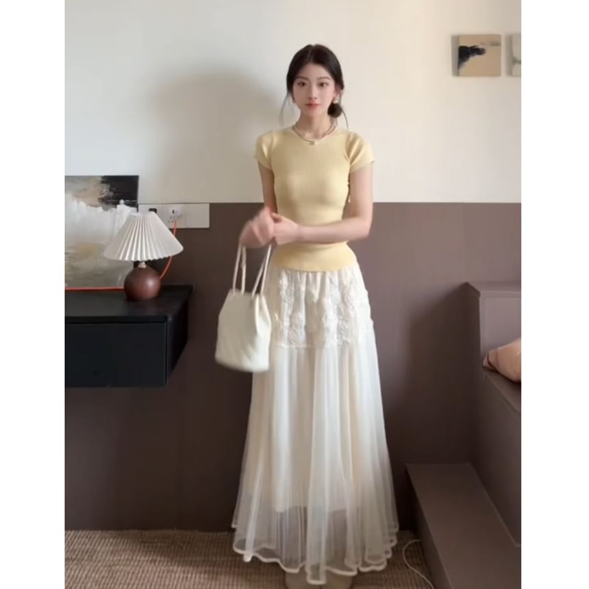 Mesh Maxi Flared Skirt with High Waist
