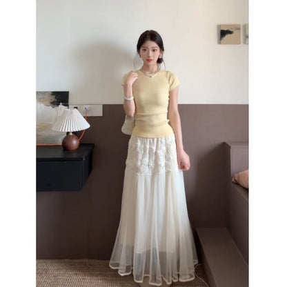 Mesh Maxi Flared Skirt with High Waist