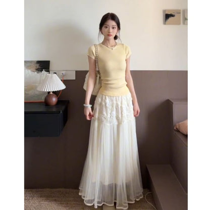 Mesh Maxi Flared Skirt with High Waist