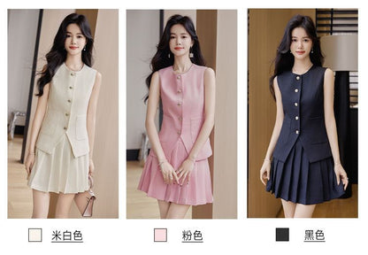 Sleeveless Vest and Pleated Mini Skirt Set
