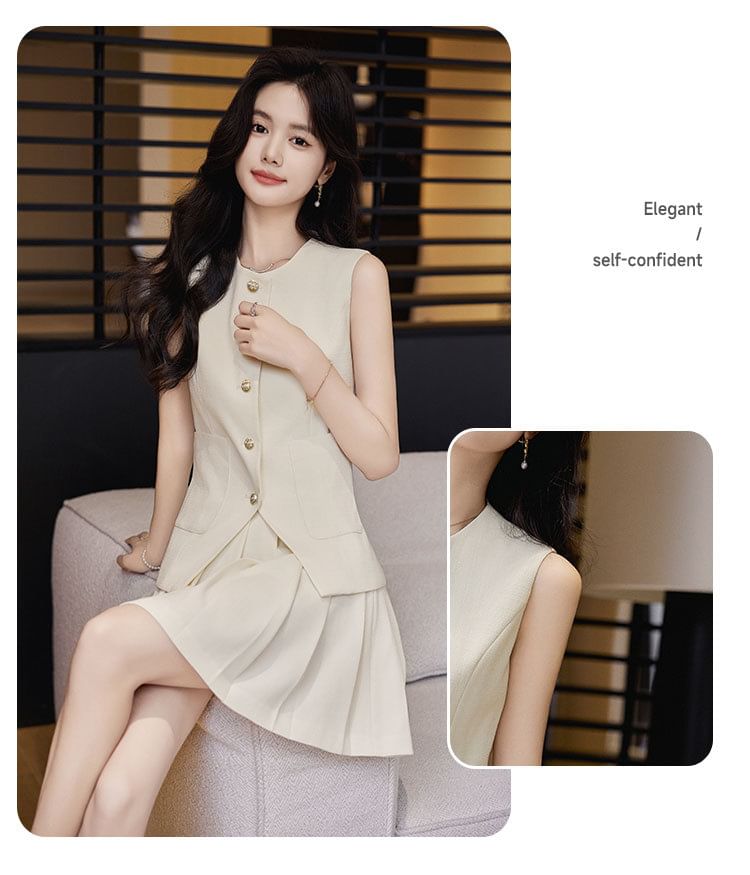 Sleeveless Vest and Pleated Mini Skirt Set