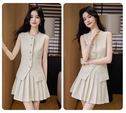 Sleeveless Vest and Pleated Mini Skirt Set