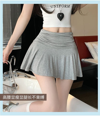 Ruched Mini Flared Skirt with Mid Rise