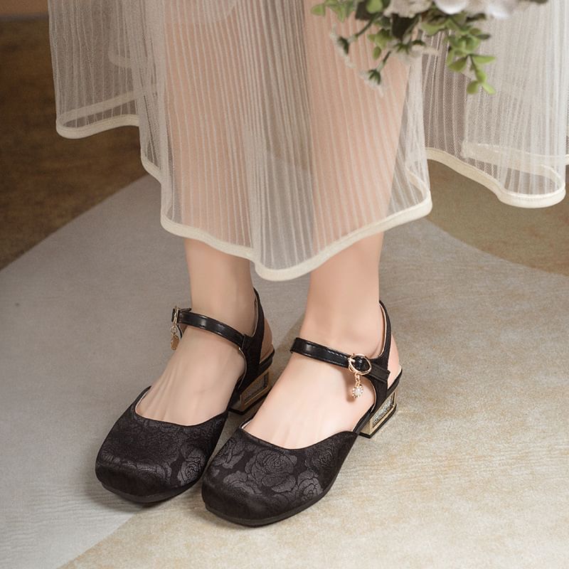 Low Heel Faux Pearl Dangle Ankle Strap Sandals