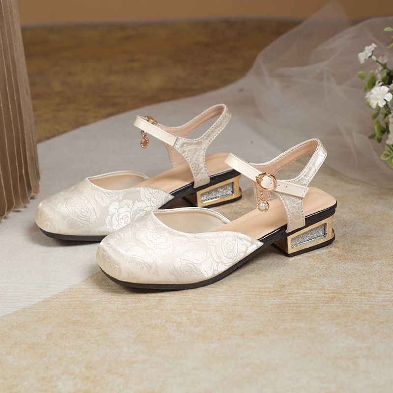 Low Heel Faux Pearl Dangle Ankle Strap Sandals