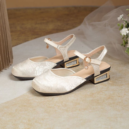 Low Heel Faux Pearl Dangle Ankle Strap Sandals