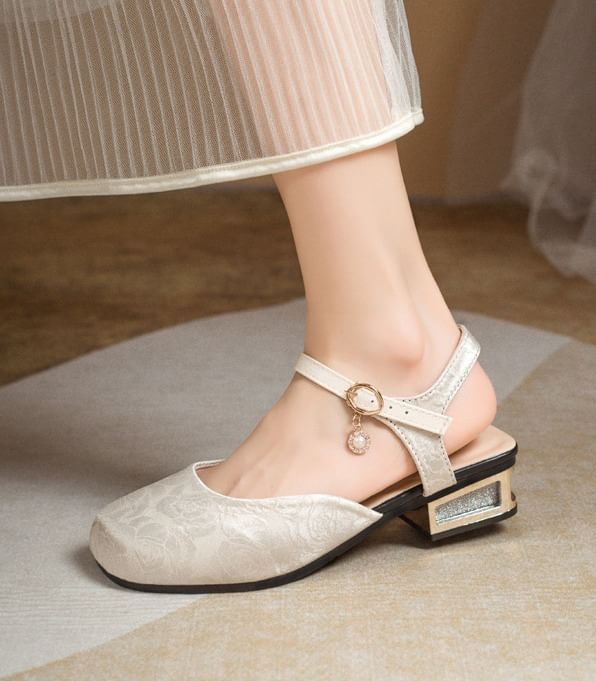 Low Heel Faux Pearl Dangle Ankle Strap Sandals