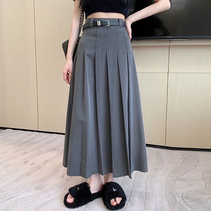Pleated Midi Flared Skirt with High Rise and Plain Design