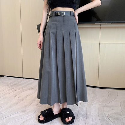 Pleated Midi Flared Skirt with High Rise and Plain Design