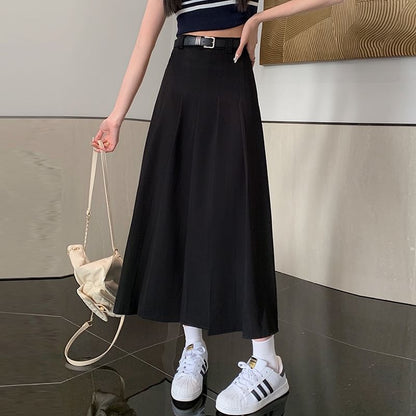 Pleated Midi Flared Skirt with High Rise and Plain Design