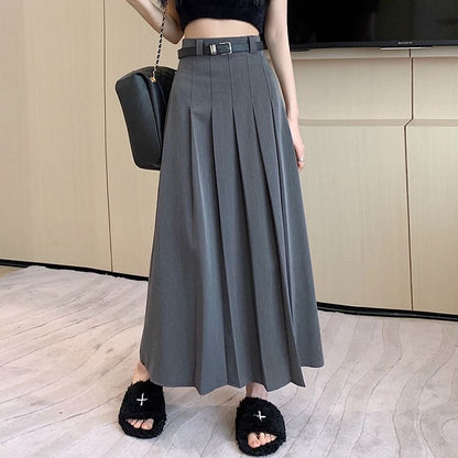 Pleated Midi Flared Skirt with High Rise and Plain Design