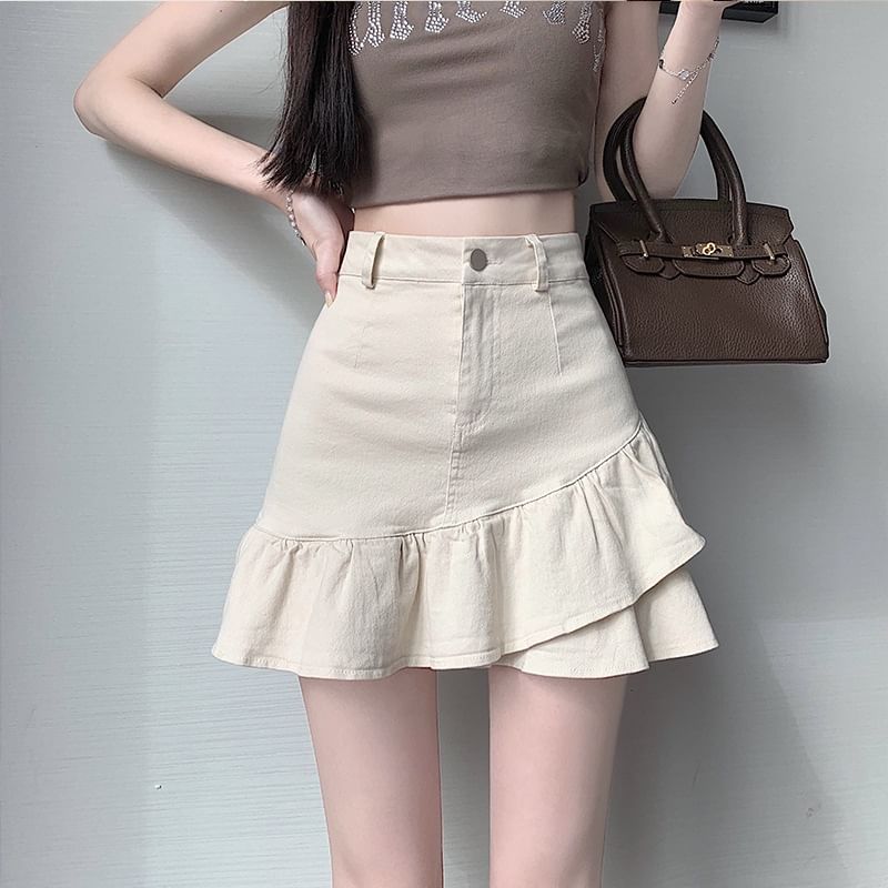 Ruffled Denim Mini Flared Skirt with High Rise