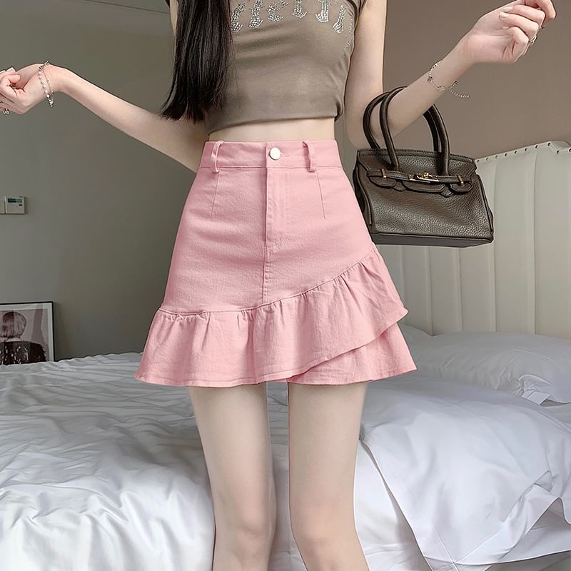 Ruffled Denim Mini Flared Skirt with High Rise