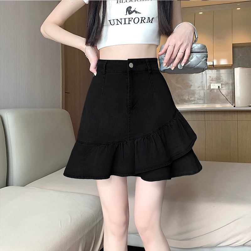 Ruffled Denim Mini Flared Skirt with High Rise