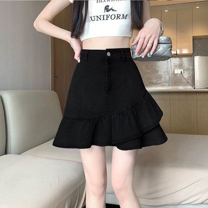 Ruffled Denim Mini Flared Skirt with High Rise